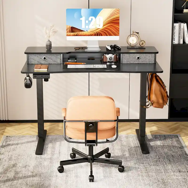 Black Adjustable Electric Standing Desk with Storage and Double Drawer for Home Office