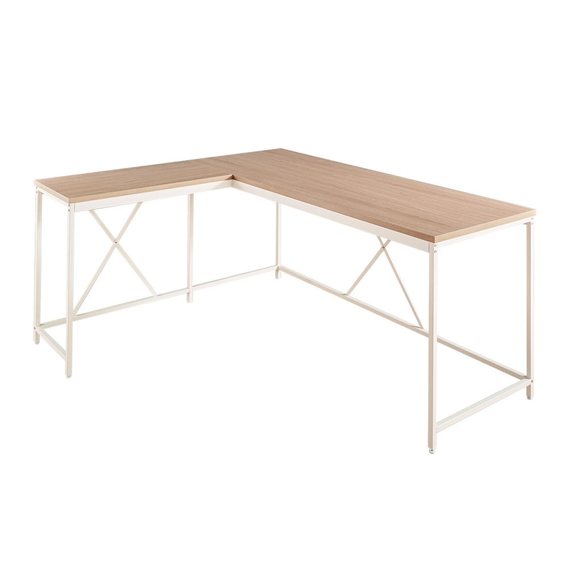 Posy Corner Desk, L Shaped White Metal Frame, X Crossed, Oak Brown Wood Top