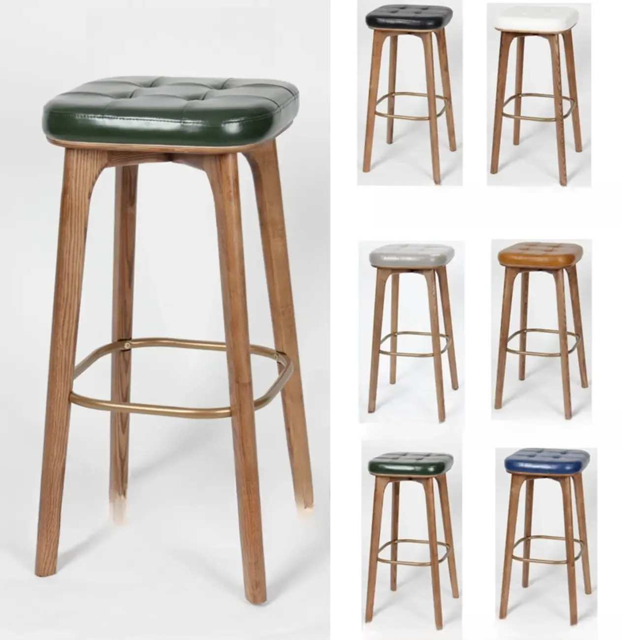 Scandinavian Wood Tufted Leatherette Bar Stools Backless