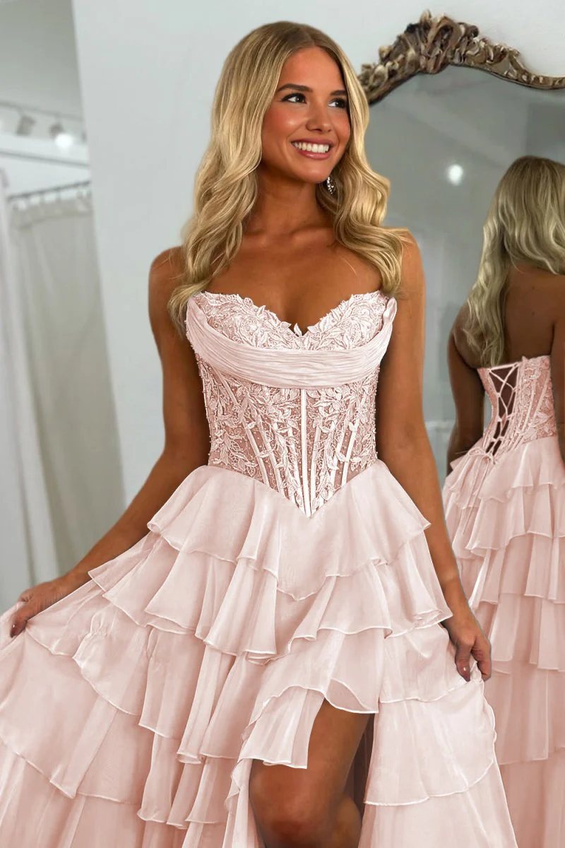 Pink - Strapless A Line Chiffon Ruffled Prom Dresses With Appliques