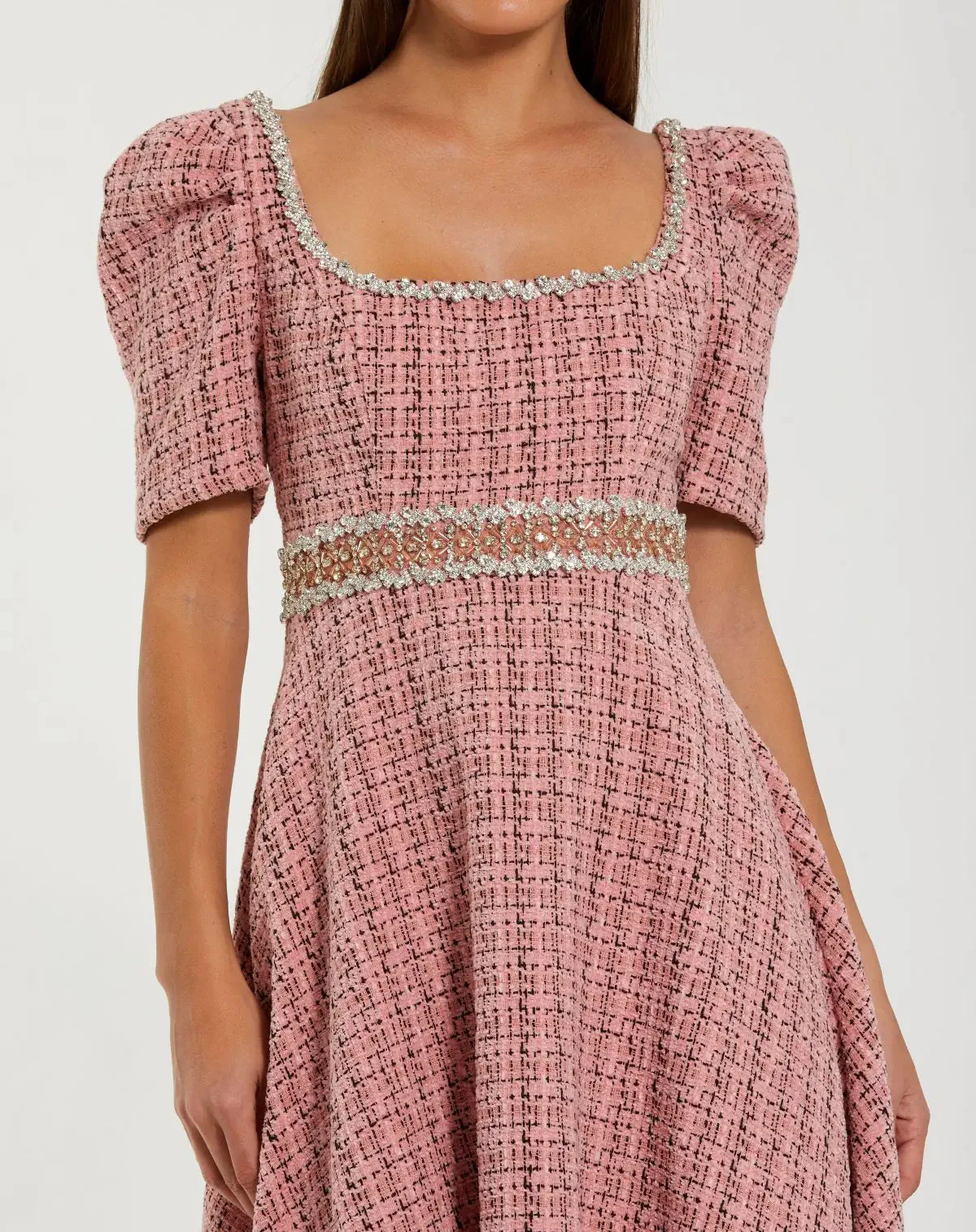 Pink Puff Sleeve Boucle Midi Dress With Beaded Belt