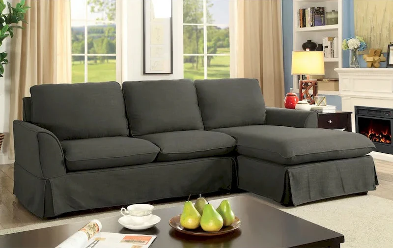 Grey Linen Skirted L-Shape Sectional Sofa - Right Facing
