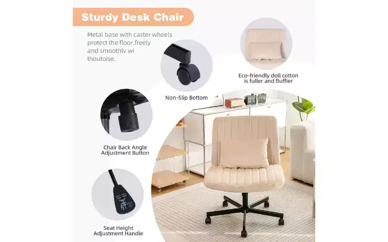 TUYOHW Modern Linen Swivel Criss Cross Chair, Ergonomic Office Chair, Height Adjustable Home Office Desk Chair, Versatile Armless Chair with Wheels