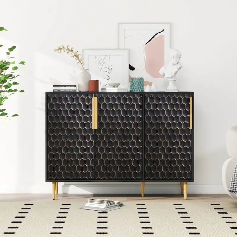 Modern Storage Cabinet with Adjustable Shelves and Hexagons Pattern Metal Door