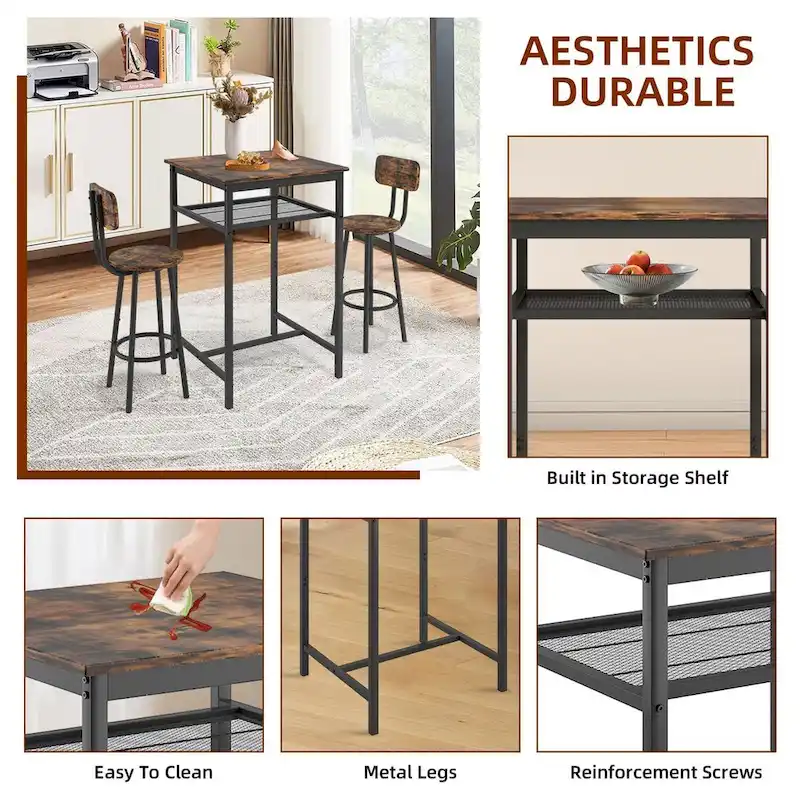 3-Piece Bar Table Set with Metal Shelf,Small Pub Table Set,Dining Set