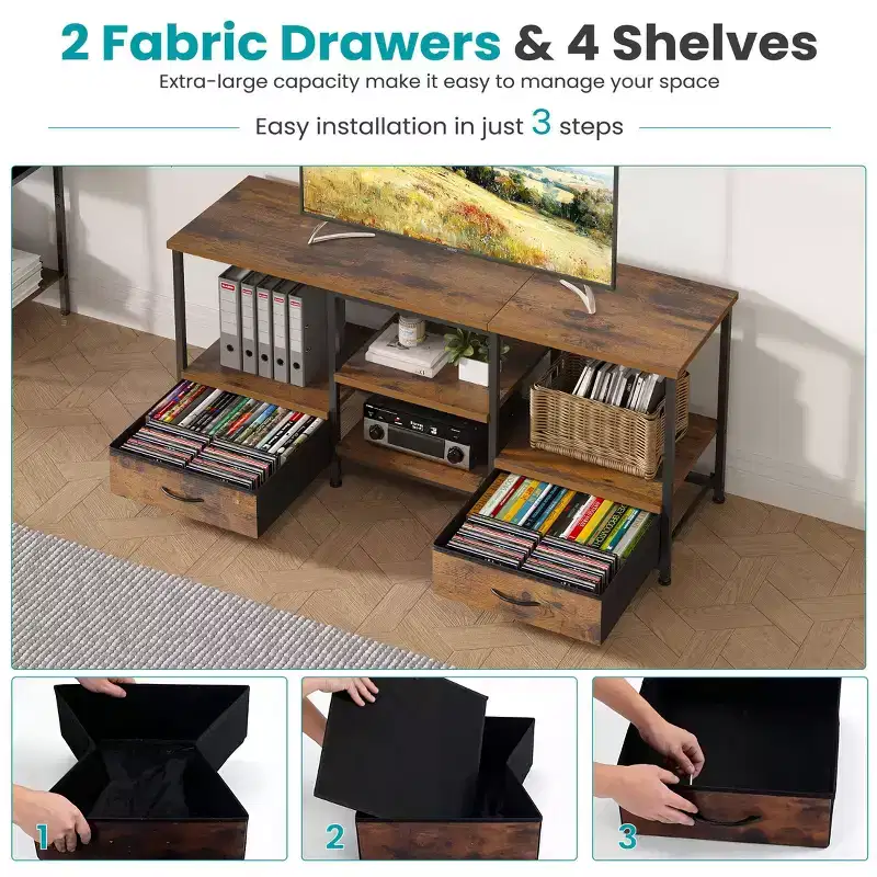 JIONJOY Rustic Brown TV Stand with Power Outlets - 2 Fabric Drawers, Adjustable Shelves, 110 lbs Capacity, Entertainment Center for TVs