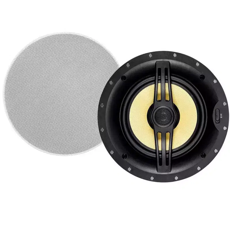 Monoprice 2-Way Aramid Fiber Back Ceiling Speakers - 8 Inch - Black With Covered Crossover (Pair), Removable And Paintable Grille