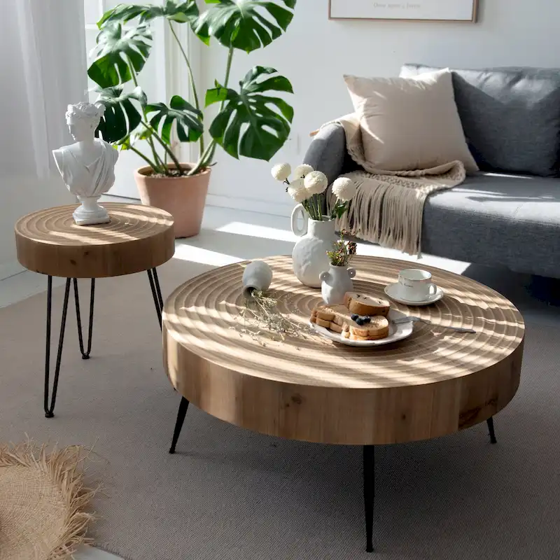 Rustic Cylindrical Wood Veneer Coffee Table – Natural / White / Light Red & Natural