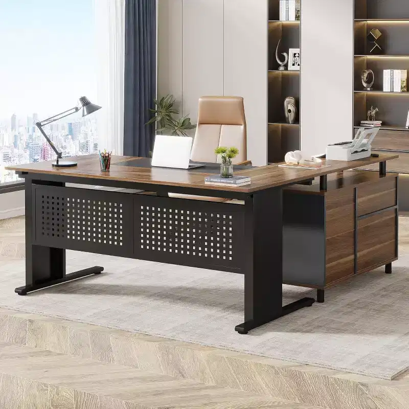 Lantine 62.99 Inch Executive Desk with File Cabinet, Large Office Desk L Shaped Computer Desk with Storage Shelves