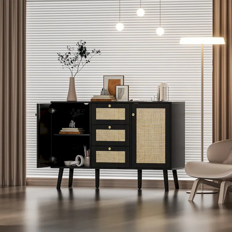 Anmytek Modern Wood Rattan Black Buffet Sideboard Accent Storage Cabinet with 3 Drawers and 2 Doors
