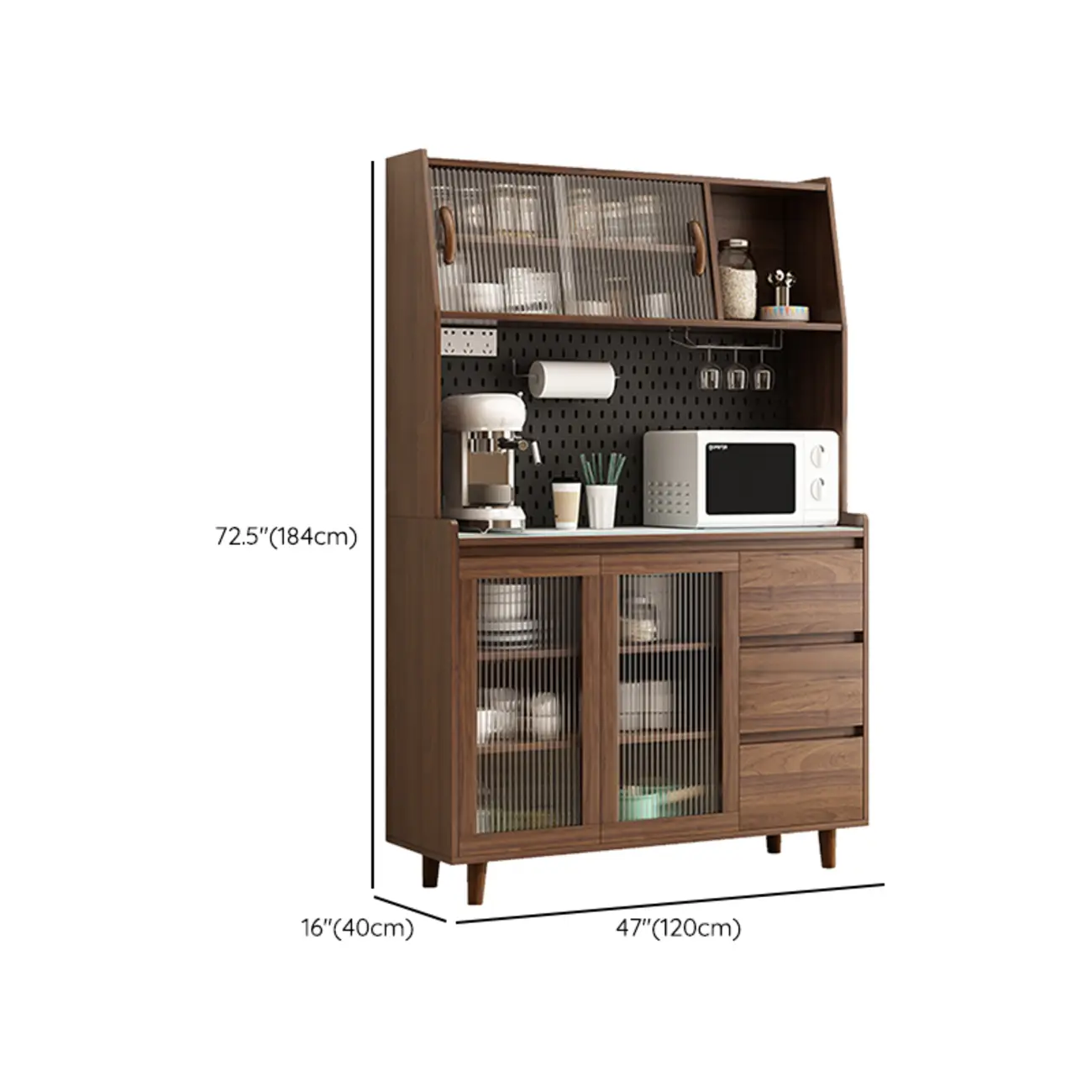 Wide Brown Wooden Pegboard Back Sideboard with Hutch