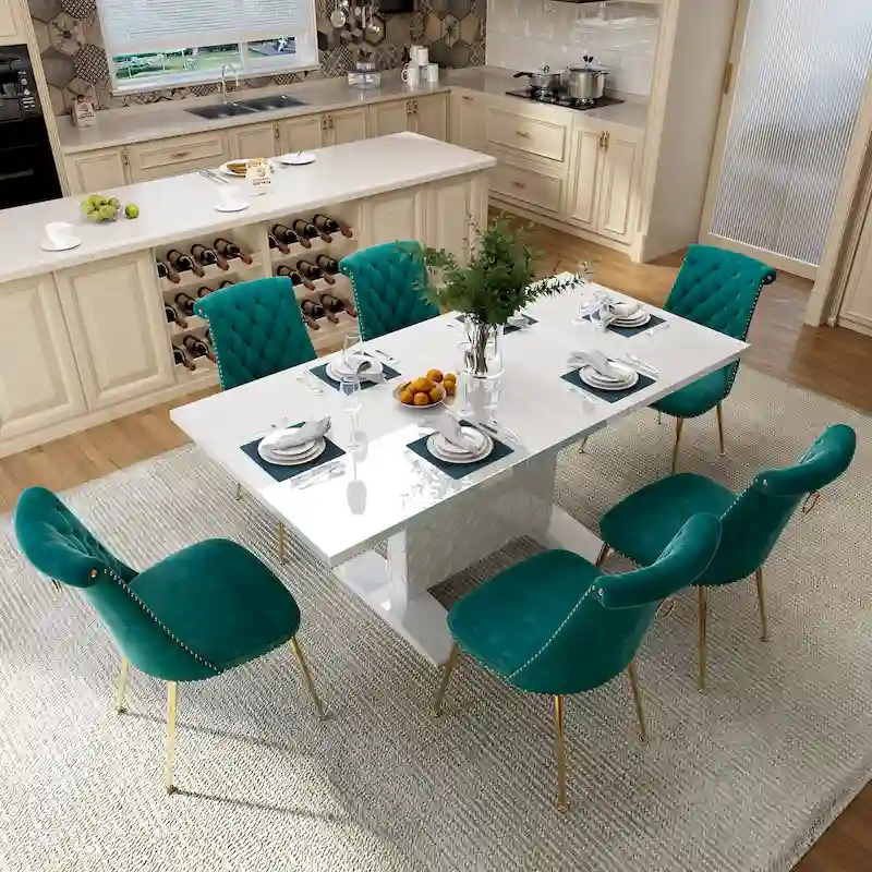 7-Piece Clihome High-gloss Extendable Table Velvet Chair Dining Set