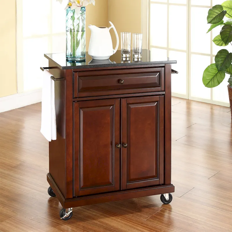 Compact Solid Black Granite Top Portable Kitchen Cart/ Island in Vintage Mahogany Finish - 18d x 31w x 35.5h