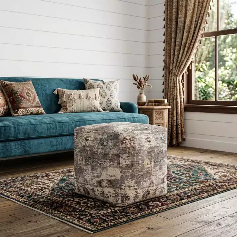 HomeRoots 18 Ivory and Taupe Upholstered Medallion Pouf Ottoman