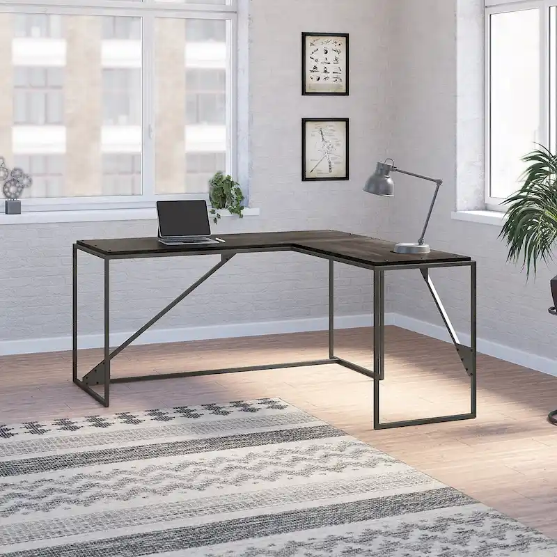 Rustic Gray L Shaped Industrial Desk with Steel Frame for Adults
