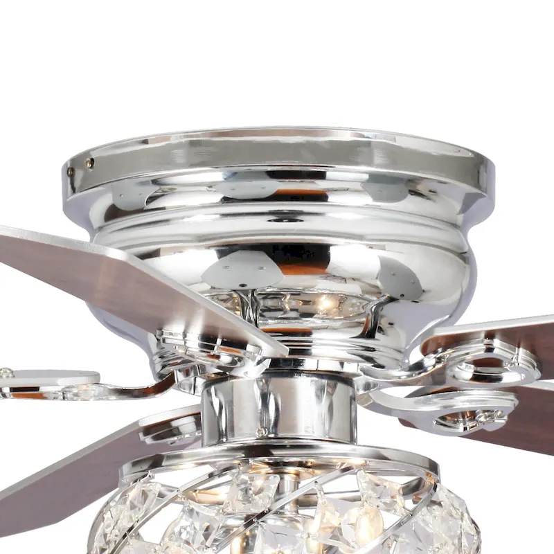 48  Chrome Wooden 5-Blade Crystal Flush Mount Ceiling Fan with Remote