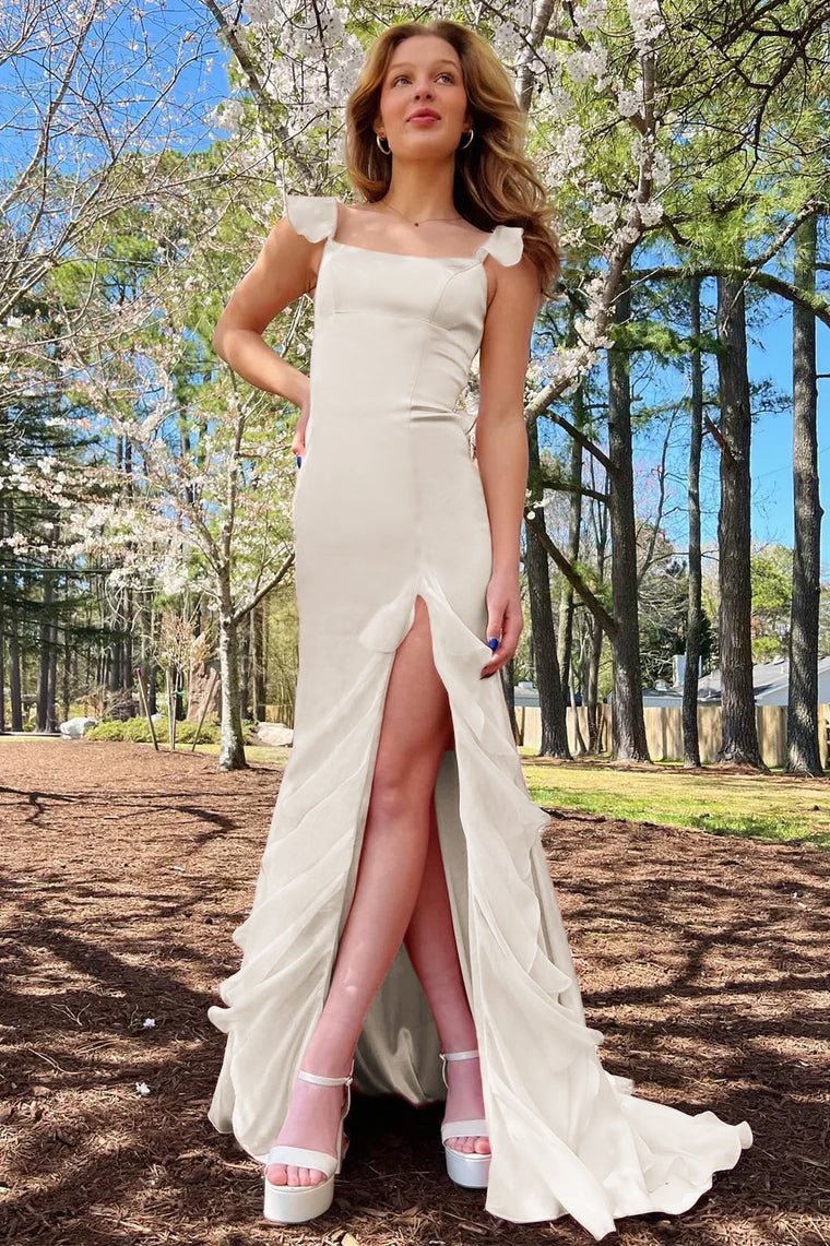 Emerald Green Square Neck Ruffle Slit Prom Dress