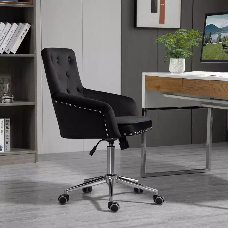 Modern Mid-back Desk Chair with Button Tufted Velvet Back, Nailhead Trim, Swivel Home Office Chair with Adjustable Height, Curved Padded Armrests