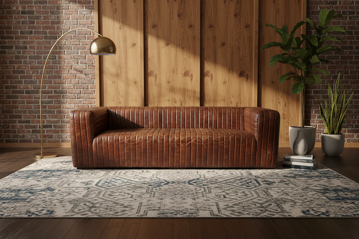 Modern Channel-Stitched Leather Sofa