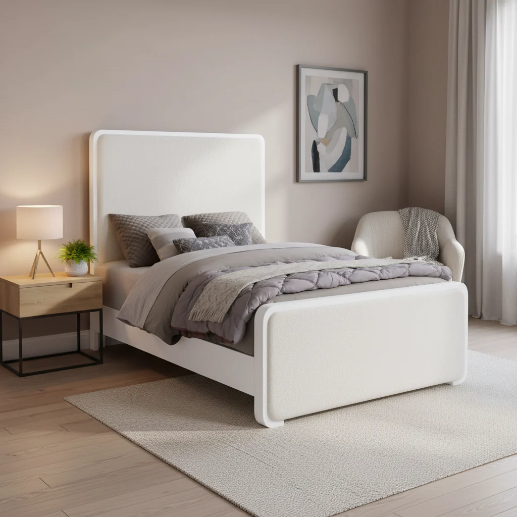 Pearl White and Beige Panel Bed with Support Leg