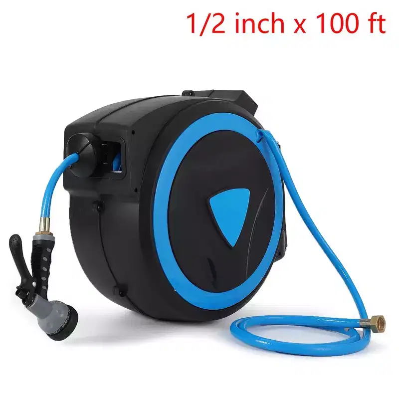 Retractable Garden Hose Reel 1/2 inch x 100 ft Wall Mount With 9-Pattern Nozzle