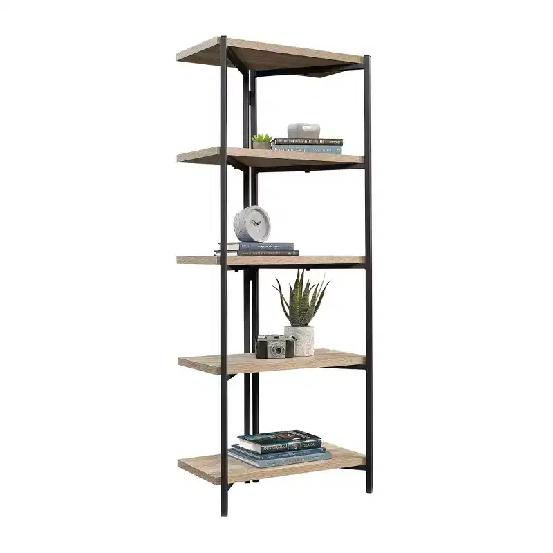 HomeStock 65 H. Oak MDF (Medium-Density Fiberboard) Vertical Bookshelves 5 with Tier Shelves