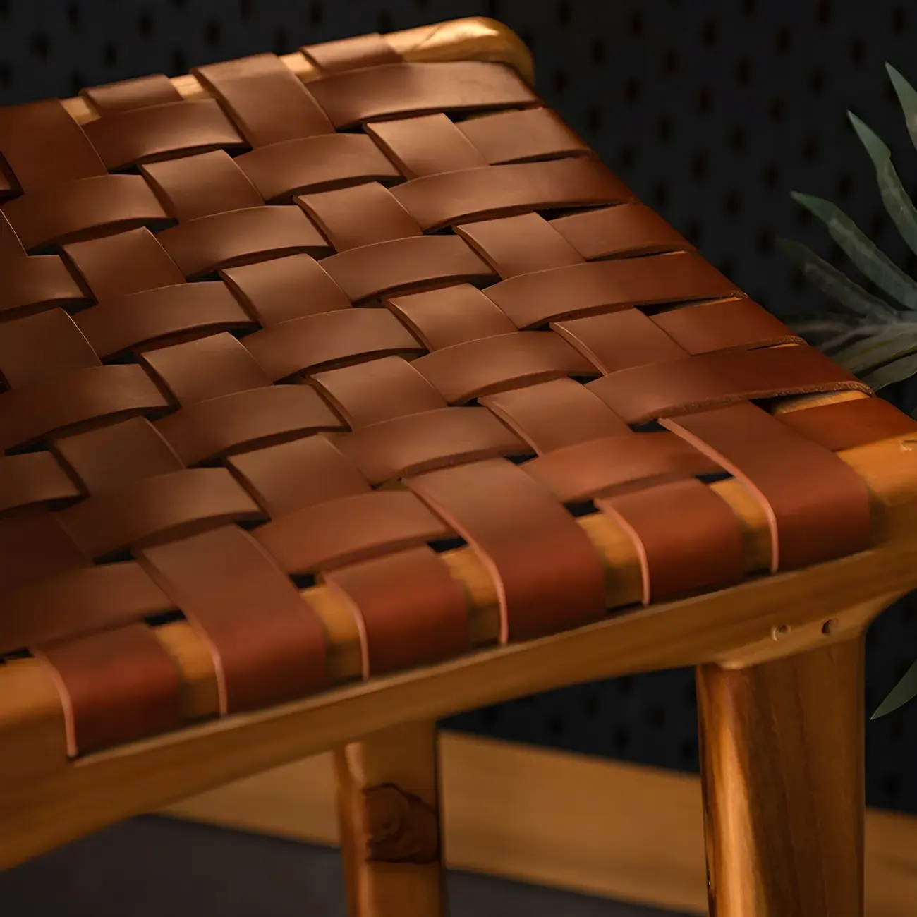 Rustic Reddish Brown Wooden Woven Bar Stool