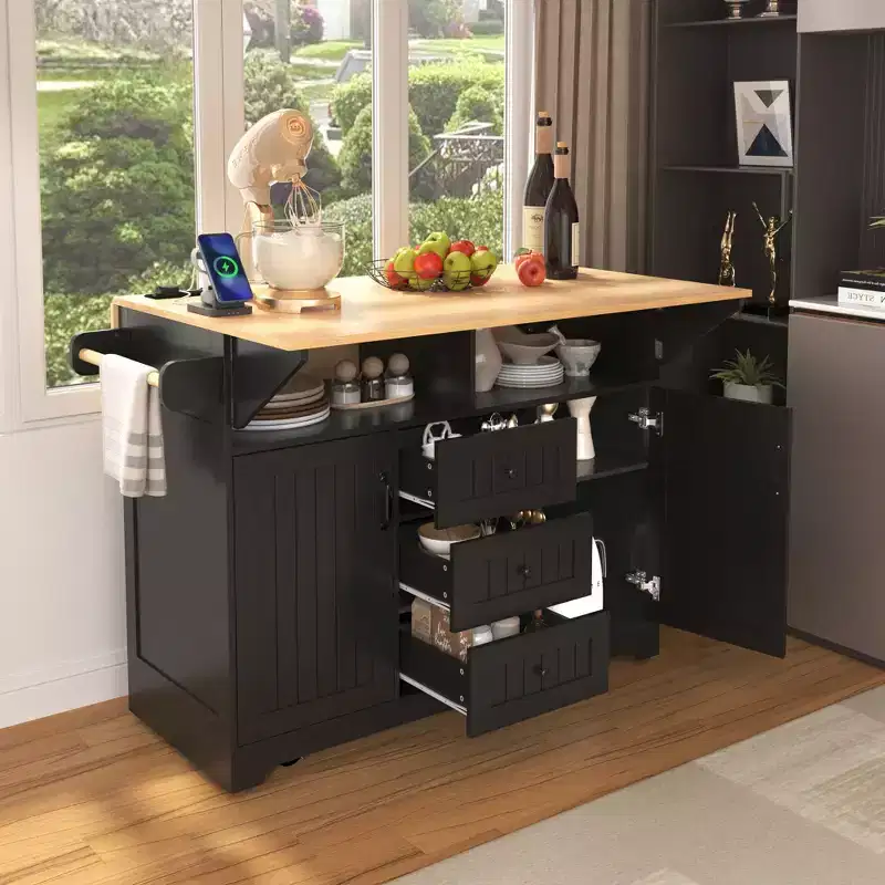 Whisen Modern Kitchen Island Cart, Kitchen Storage Cart with 2 Drop Leaf, Power Outlet and Drawers