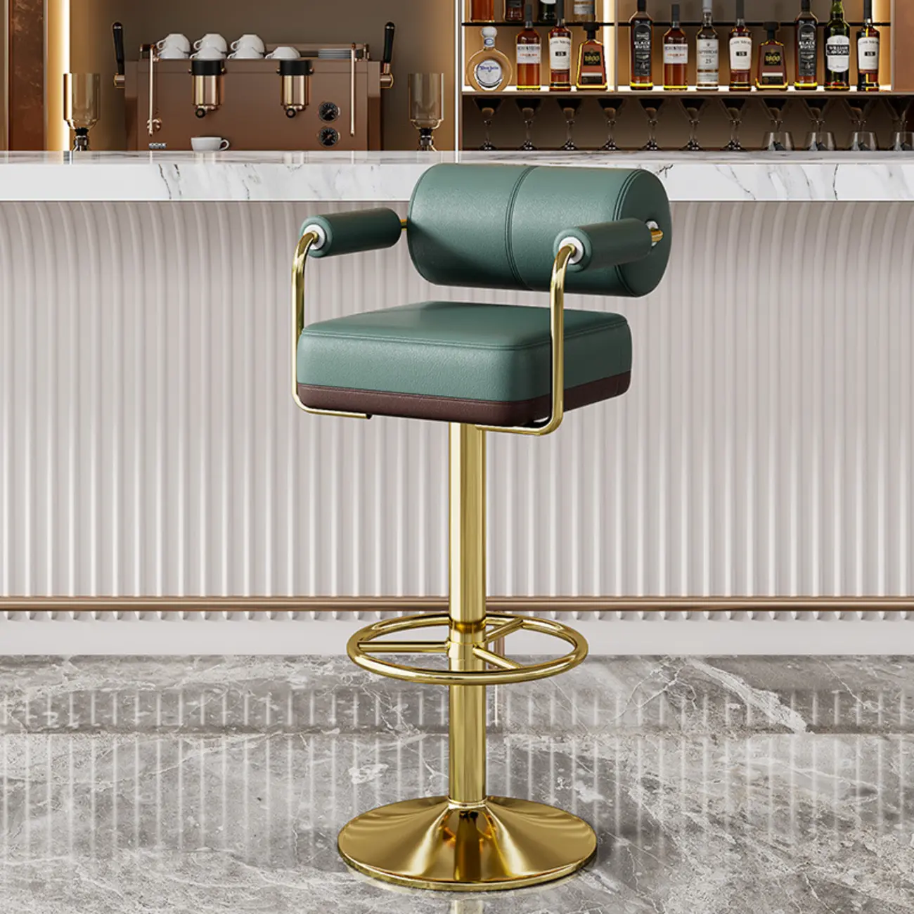 Square Adjustable Leather Gold Legs Swivel Bar Stools