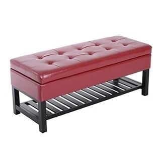 Red Faux Leather Tufted Ottoman Storage Bench with Shoe Rack – 1 Person