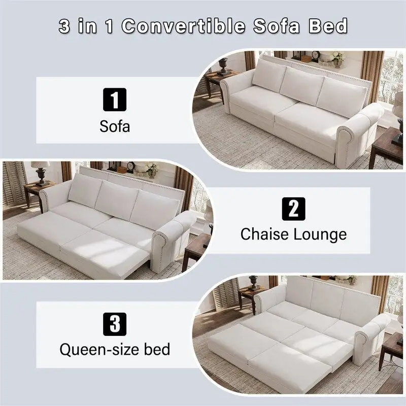 Chesterfield Sofa Bed, King Pull Out Sofa Bed, Velvet/Faux Leather Convertible Sleeper Sofa w/ Nailhead Trim & Rolled Arm
