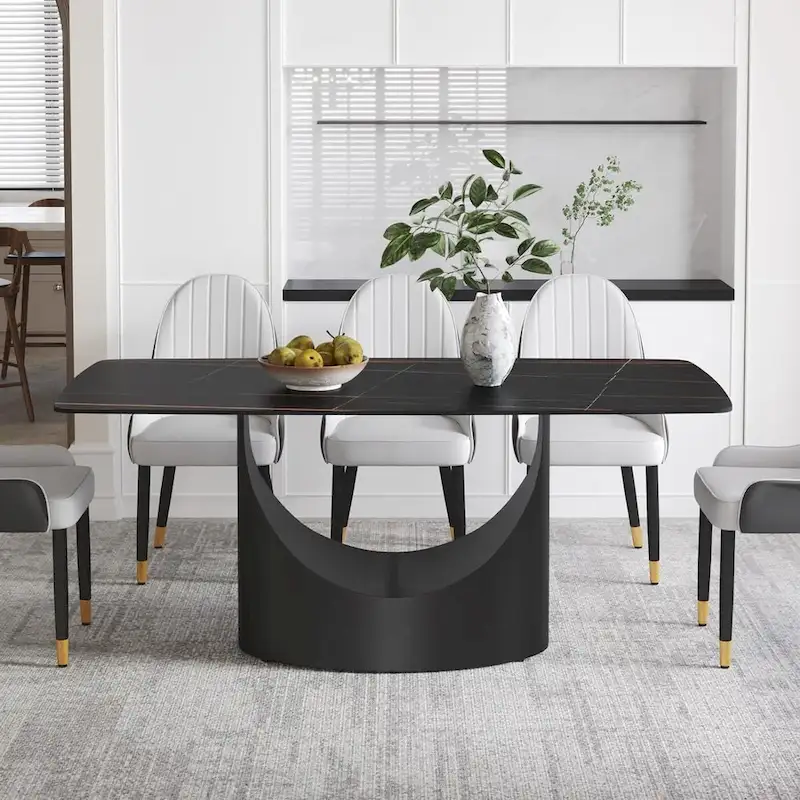 71  Black Marble Sintered Stone Table Top,Rectangle Dining Room Table with Unique U-Shape Black Carbon Steel Pedestal