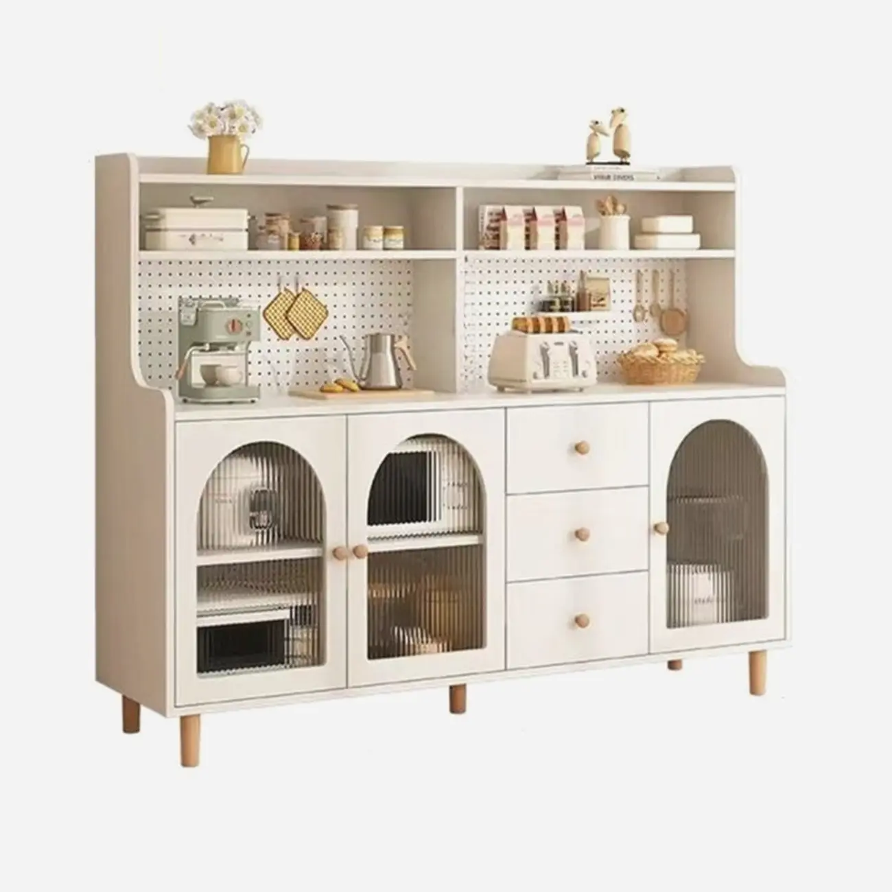 Kitchen Natural Wood Open Shelving 3-Drawer Sideboard