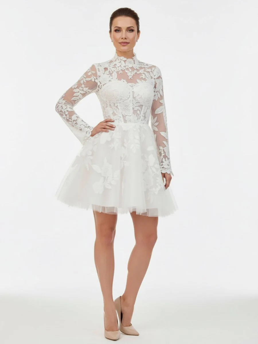 Short White A-Line Illusion Neck Long Sleeves Lace Wedding Dresses
