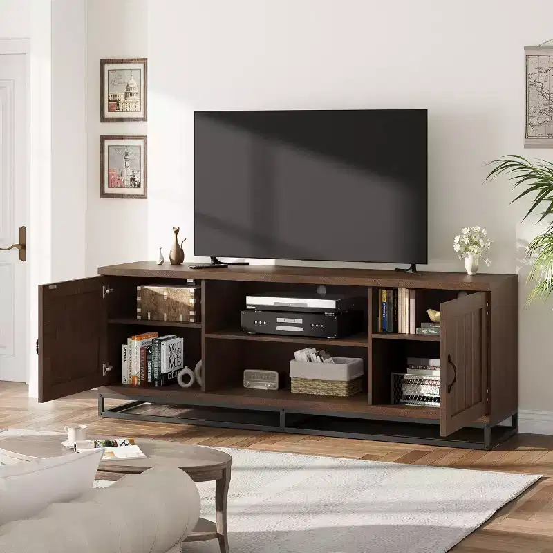 TV Stand for Living Room, Entertainment Center with 2-Tier Adjustable Shelves & Metal Leg, Wooden TV Media Console Table for 75 Inch with Compartments