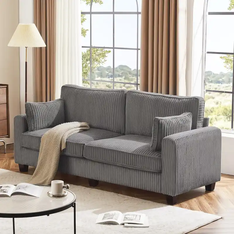 81 Modern Corduroy 3 Seater Sofa, Polyester Rectangle Upholstered Sofa for Livingroom - 81W X 33D X 26H