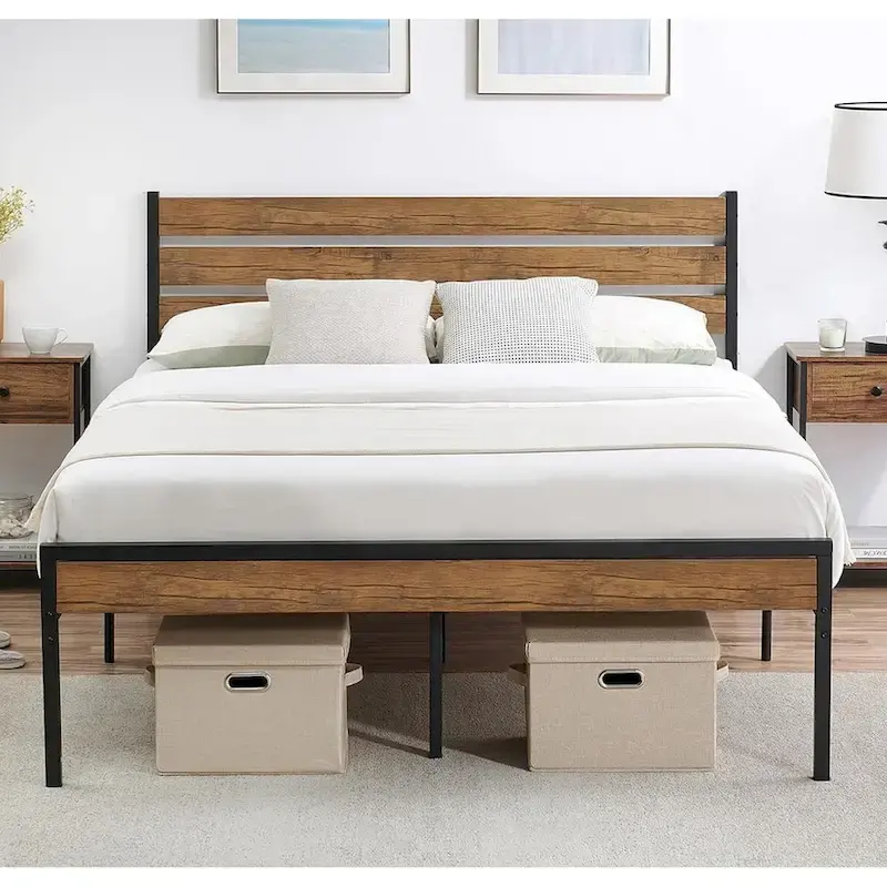 Bed Frame with Wood Headboard, Noise-Free