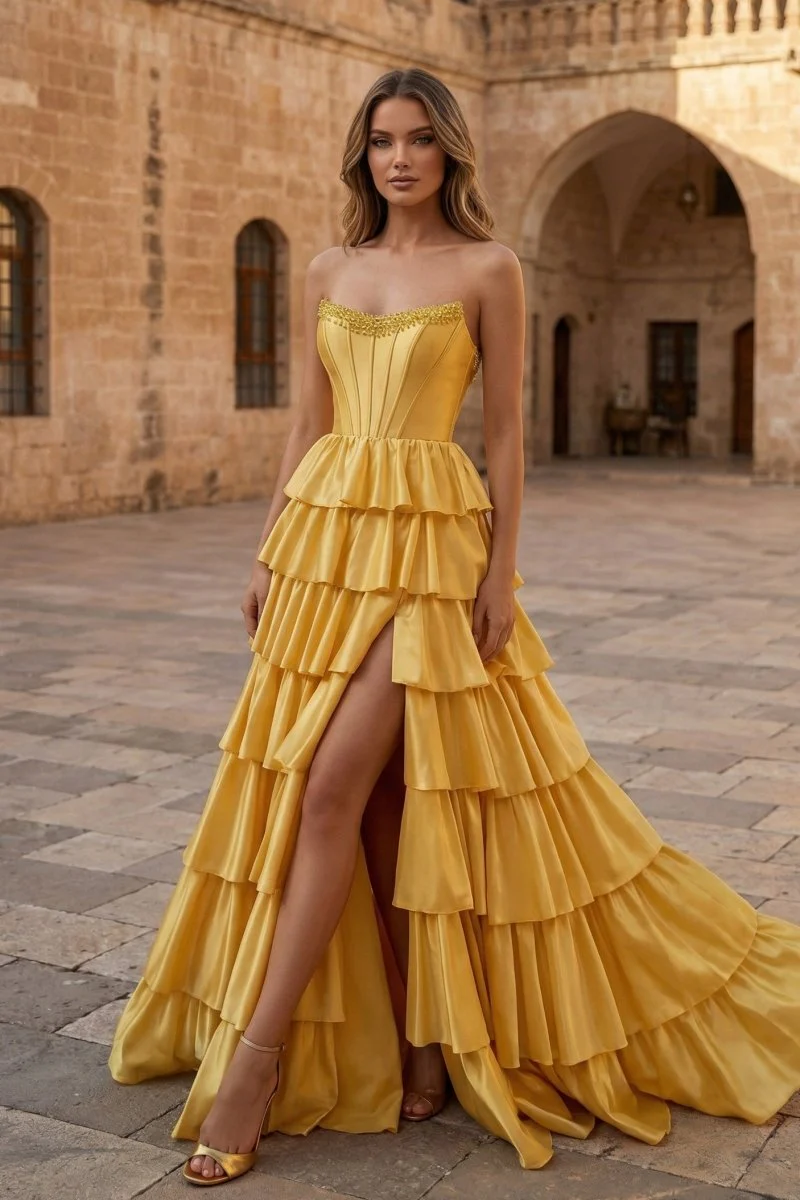 Yellow Strapless Satin Ruffle Tiered Beaded A Line Prom Dresses