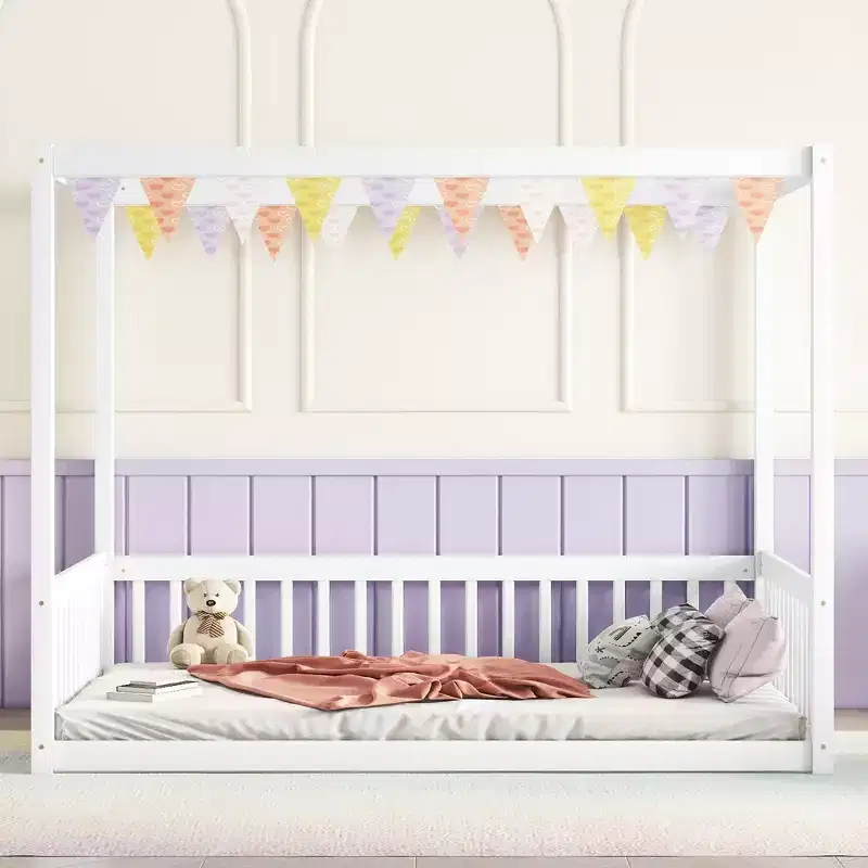 MAYEERTY Full Canopy Frame Floor Bed with Fence, Guardrails, White