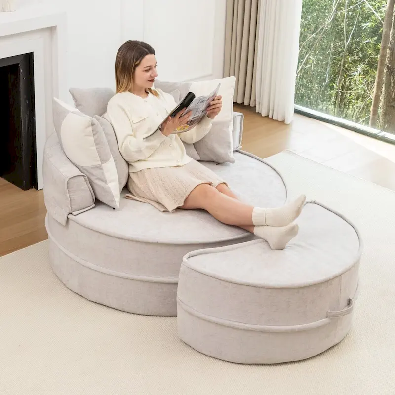 Modern Round Barrel Accent Chair with Ottoman - Velvet Lounge Sofa