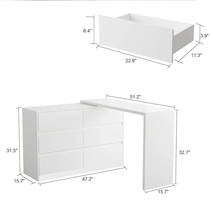 White/Black 6-Drawer Rotating Dresser & Desk Combo, 1-Person