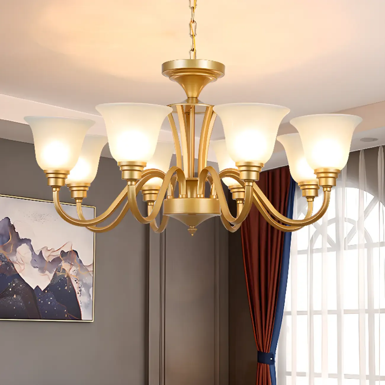 Vintage Metal White Glass Shade Classic Upward Chandelier