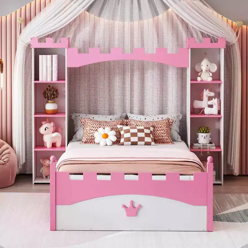 MAYEERTY Castle Wooden Bed with Storage Shelf Dreamy Twin Size Platform Bed for Kids White Pink