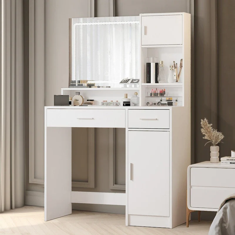 Vanity Desk with LED Mirror, Drawers & Cabinet – White / Black, 1 Person