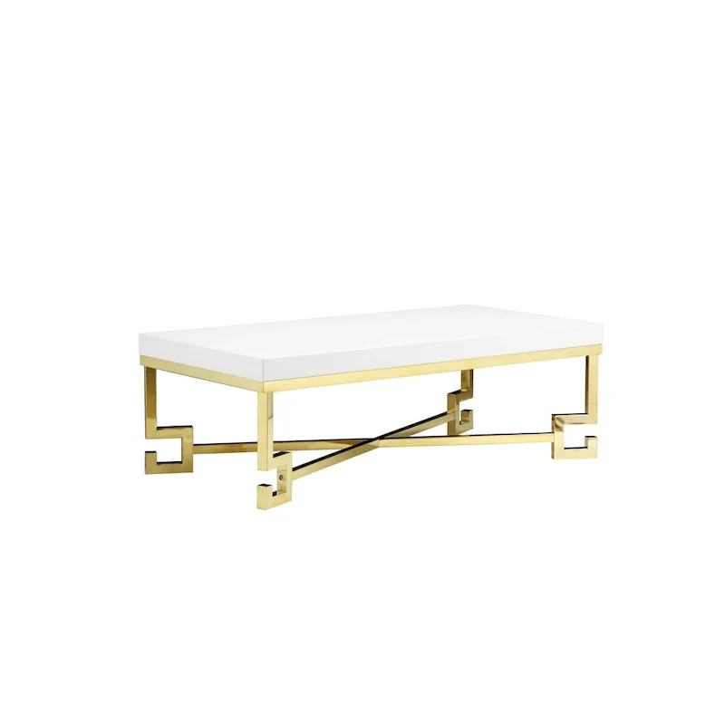 White High-Gloss Wood Top Coffee Table with Gold X-Cross Metal Legs, 1-Piece