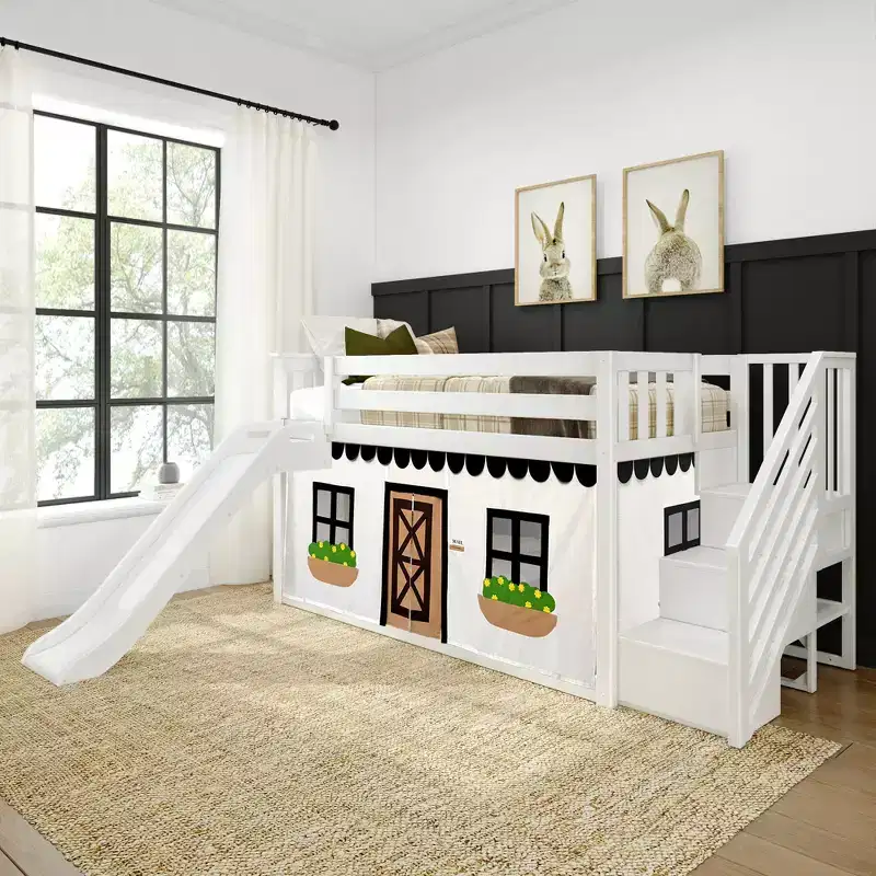 Twin Low Loft With Stairs, Easy Slide & Black & White Farmhouse Curtain