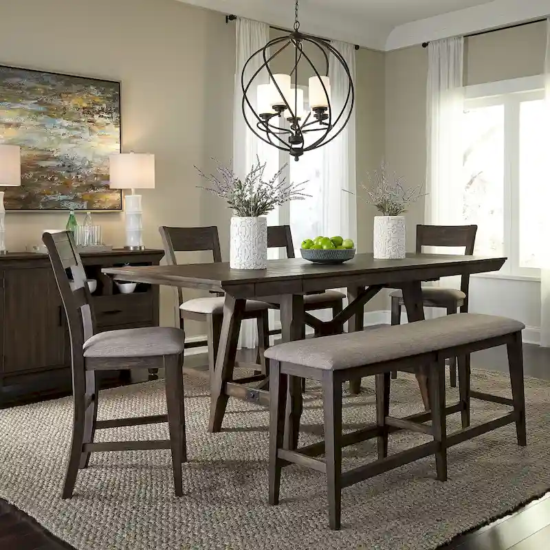 Dark Chestnut Gathering Table Set with Counter Chairs & Bench