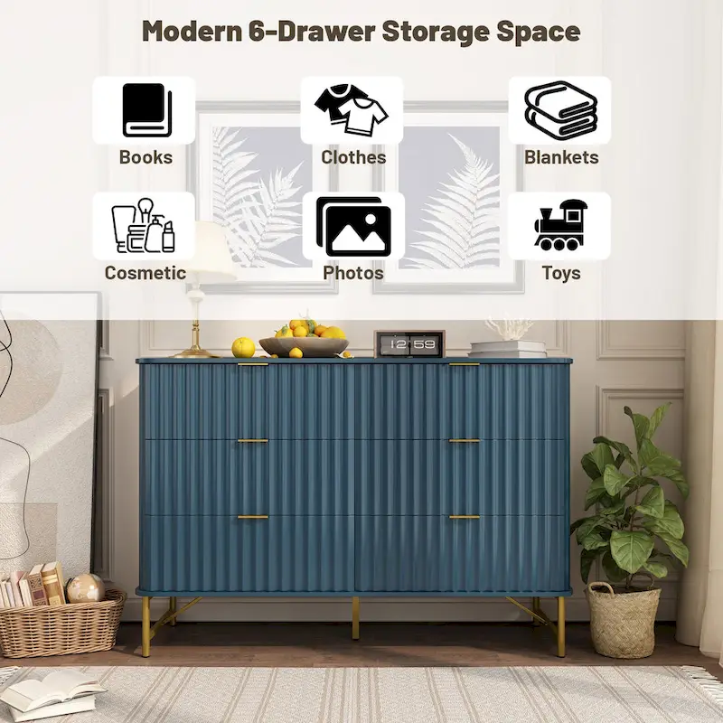 6-Drawer Accent Chest with Gold Handles & Metal Legs – White / Green / Black / Blue, Modern Style