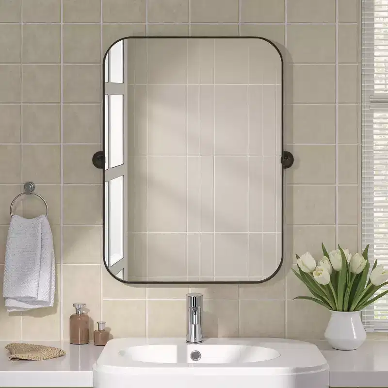 Classic 80cm Black Iron Rectangular Mirror with Rounded Corners, Rotating Hardware, 4cm Depth