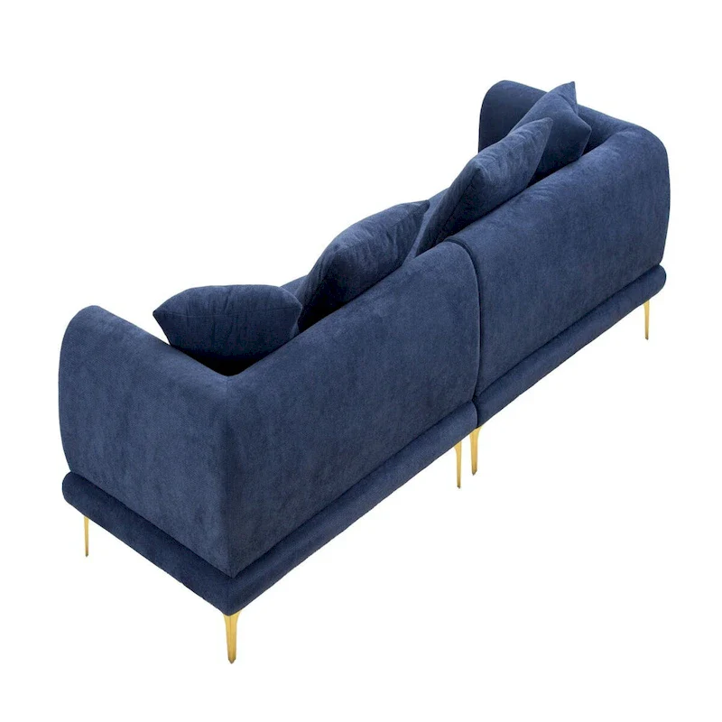 Fabric Sofa with Recessed Arms & Metal Legs – Blue / Beige, Mid-Century Modern, Seats 4